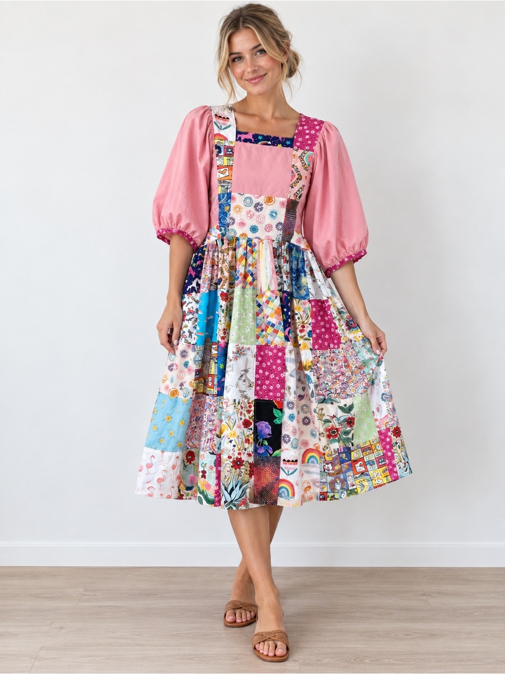 Handmade Vintage Artsy Unique Pink Patchwork Puff Sleeve Cottagecore Midi Dress